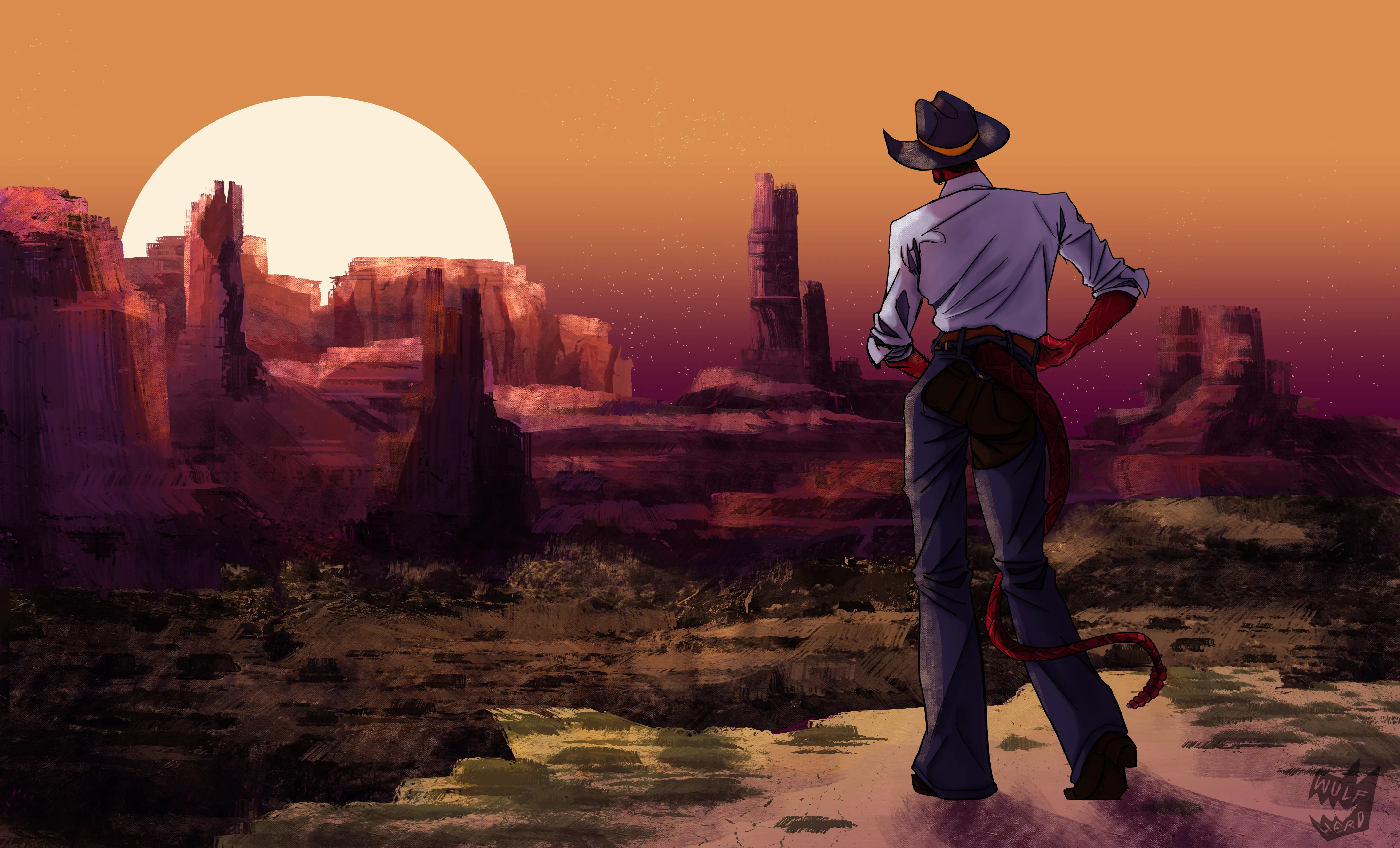 A painting of a man in a purple shirt & chaps with red skin and a rattlesnake tail, overlooking a sunset-lit canyon.
